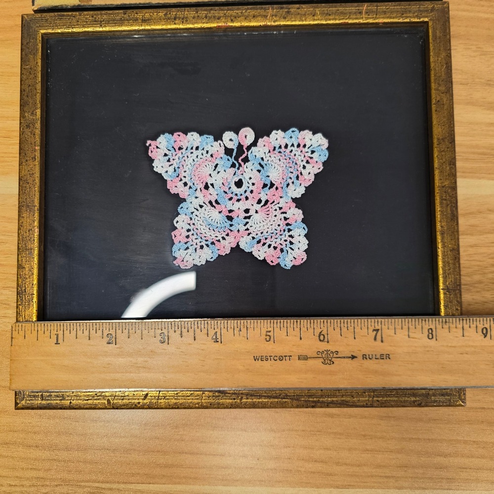 Vintage Handmade Framed Crocheted Butterfly Art Blue Pink White Qty 2 1976 - Picture 7 of 8